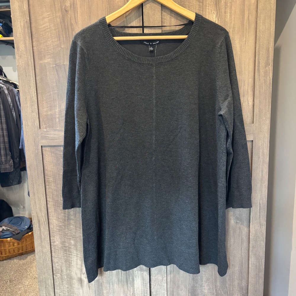 Cable & Gauge Charcoal Gray Knit Tunic Sweater Crew Neck 3/4 Sleeve XL NWT